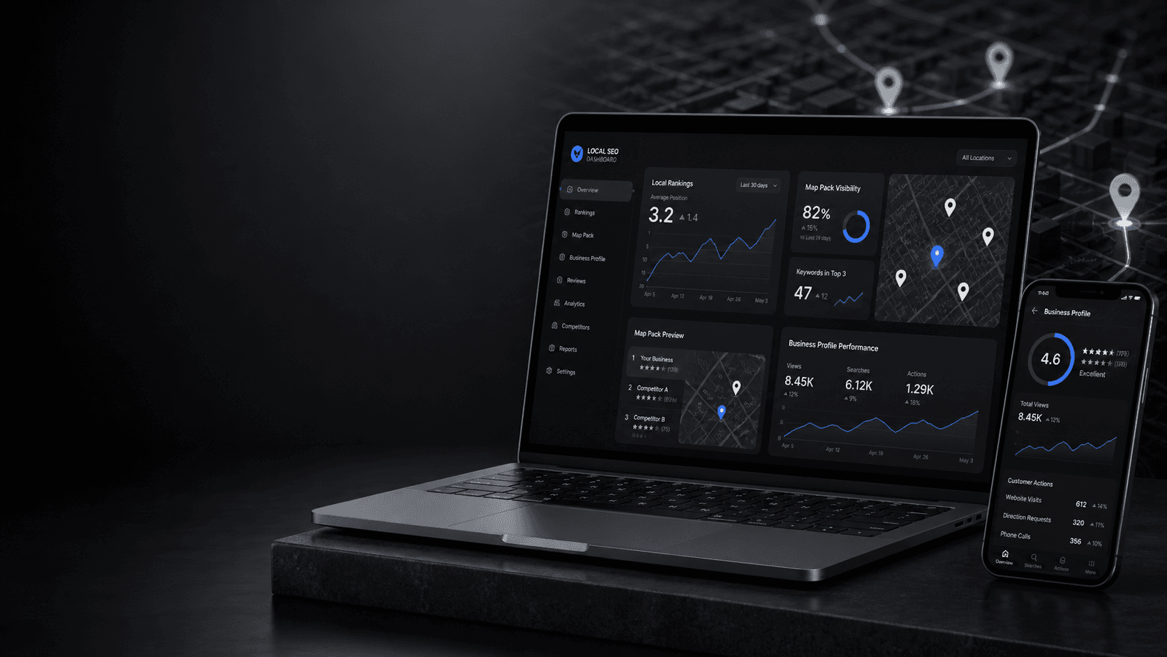 Local SEO dashboard on laptop and phone