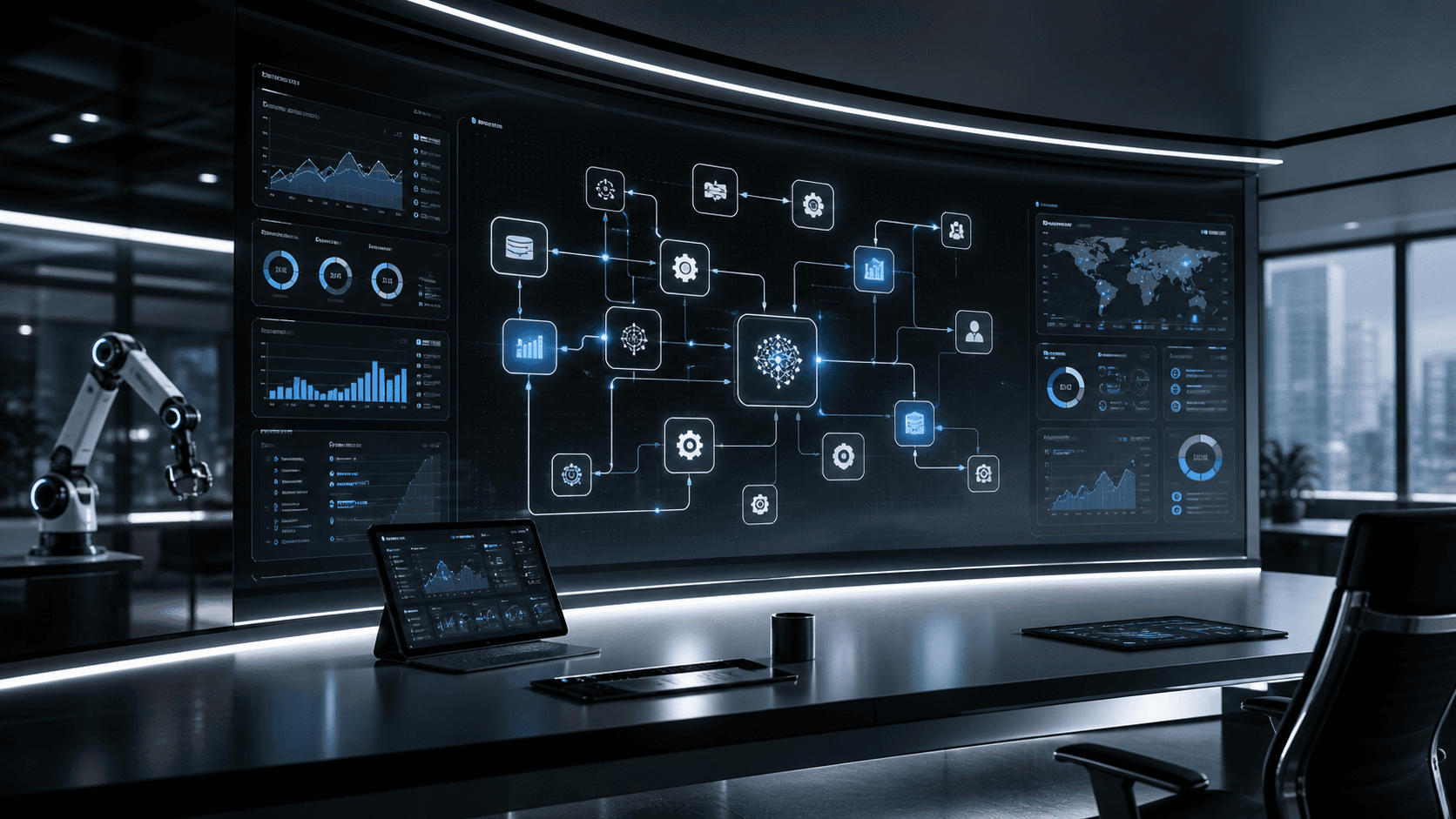 AI automation systems integration command center — connected dashboards, agents, and workflows