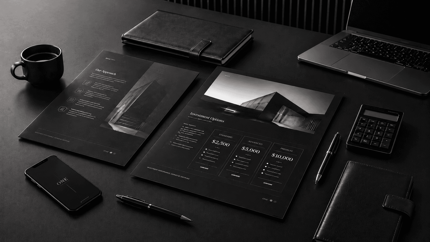 Premium pricing materials, laptop, and accessories on a dark workspace