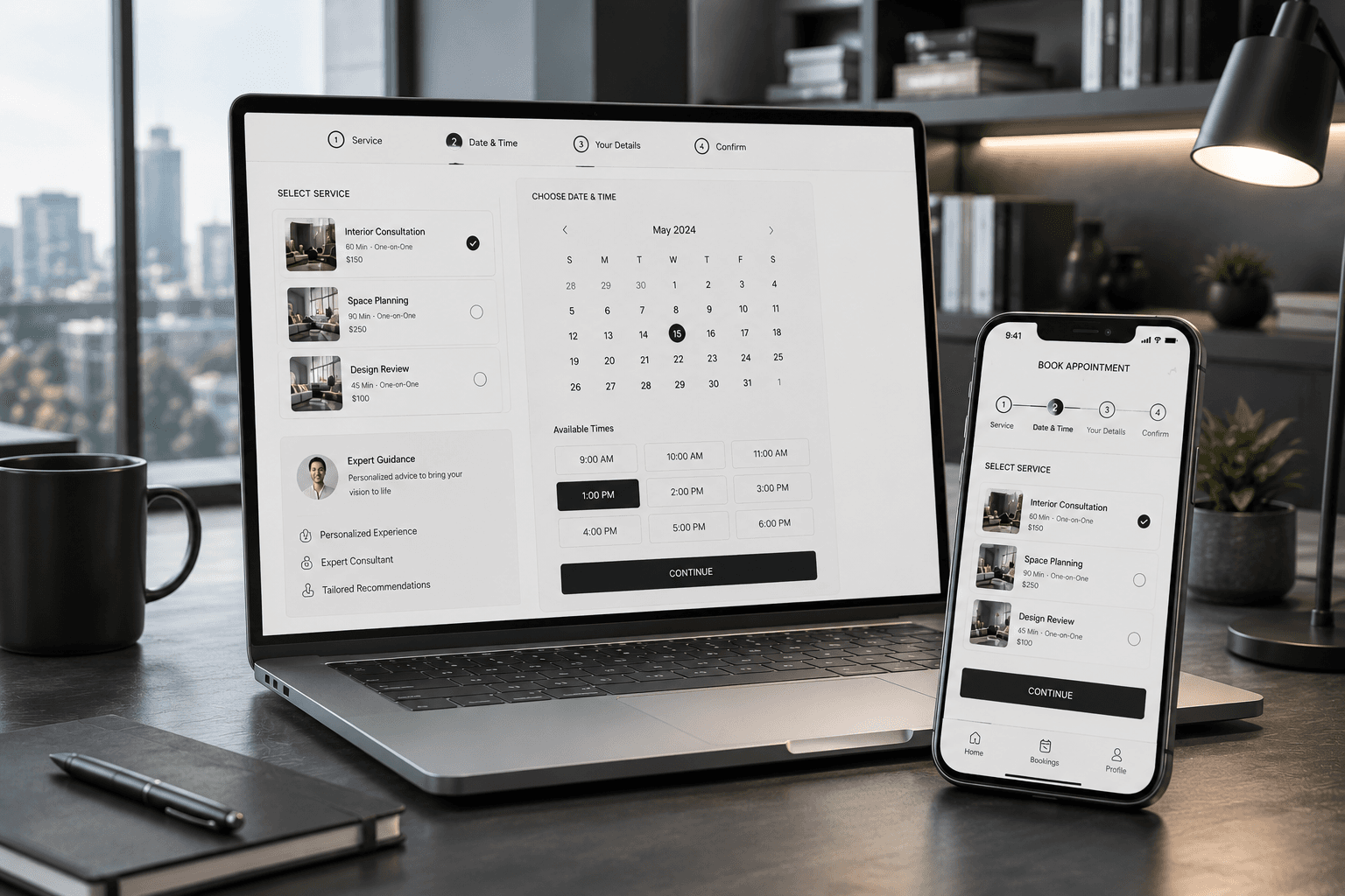 Custom booking and quote system — laptop and mobile booking flow with calendar and time slots