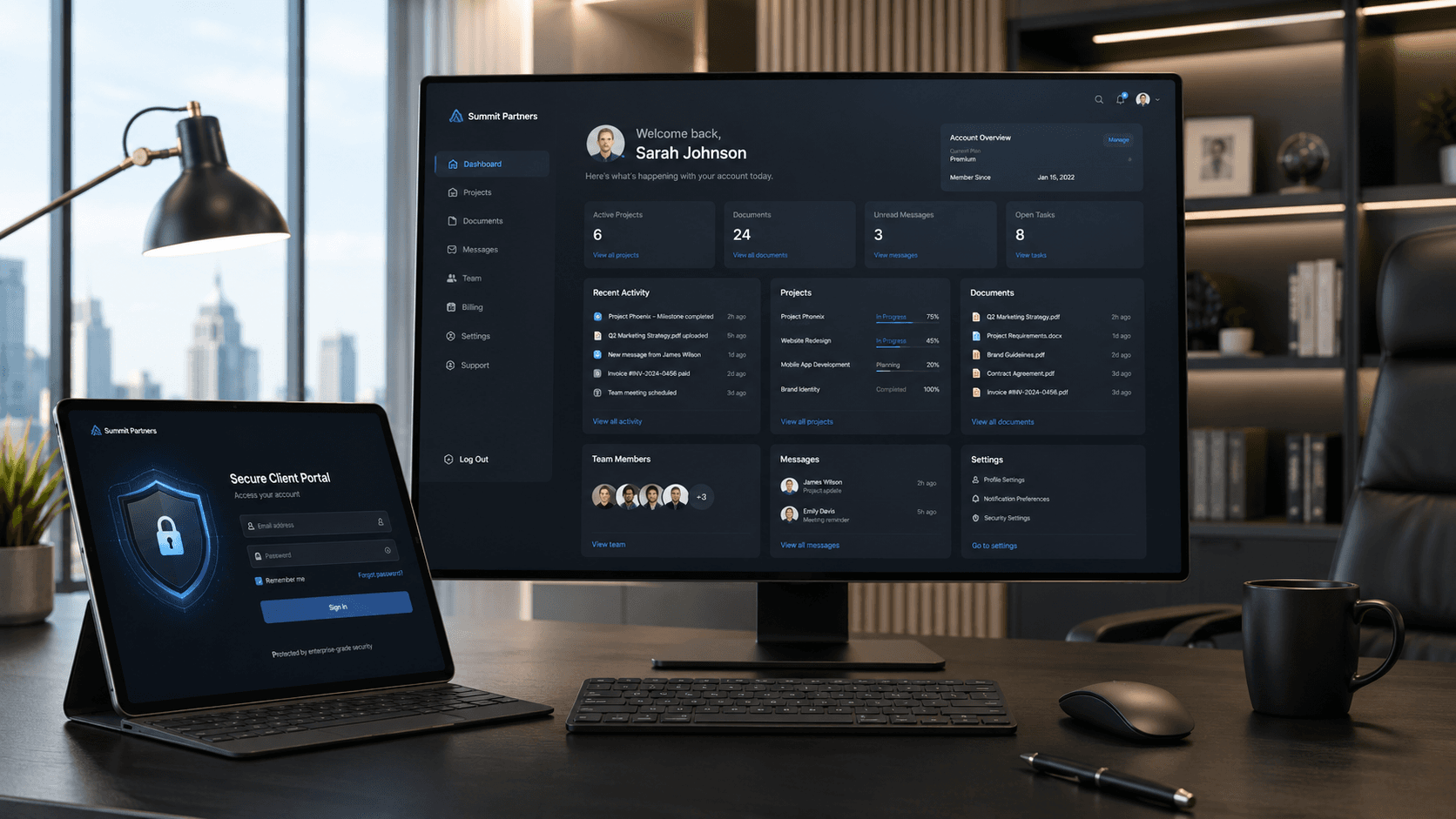 Client portal — secure dashboard for shared documents, communication, and project status