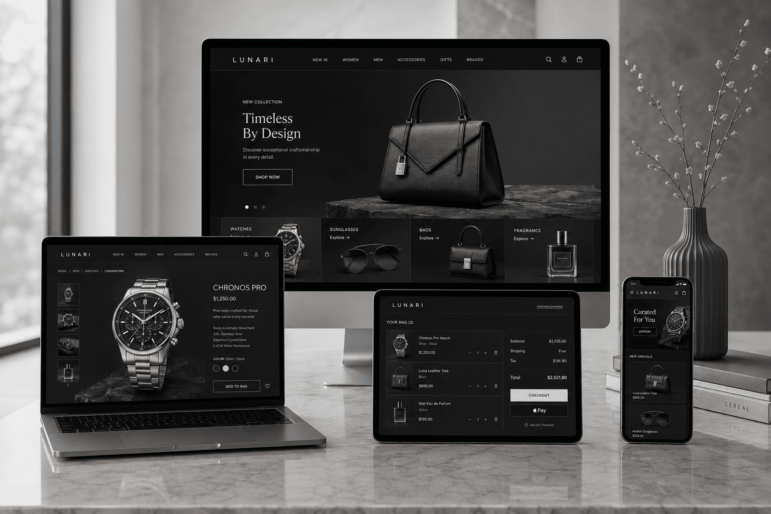 Ecommerce web design — Lunari multi-device showcase across desktop, tablet, laptop, and phone