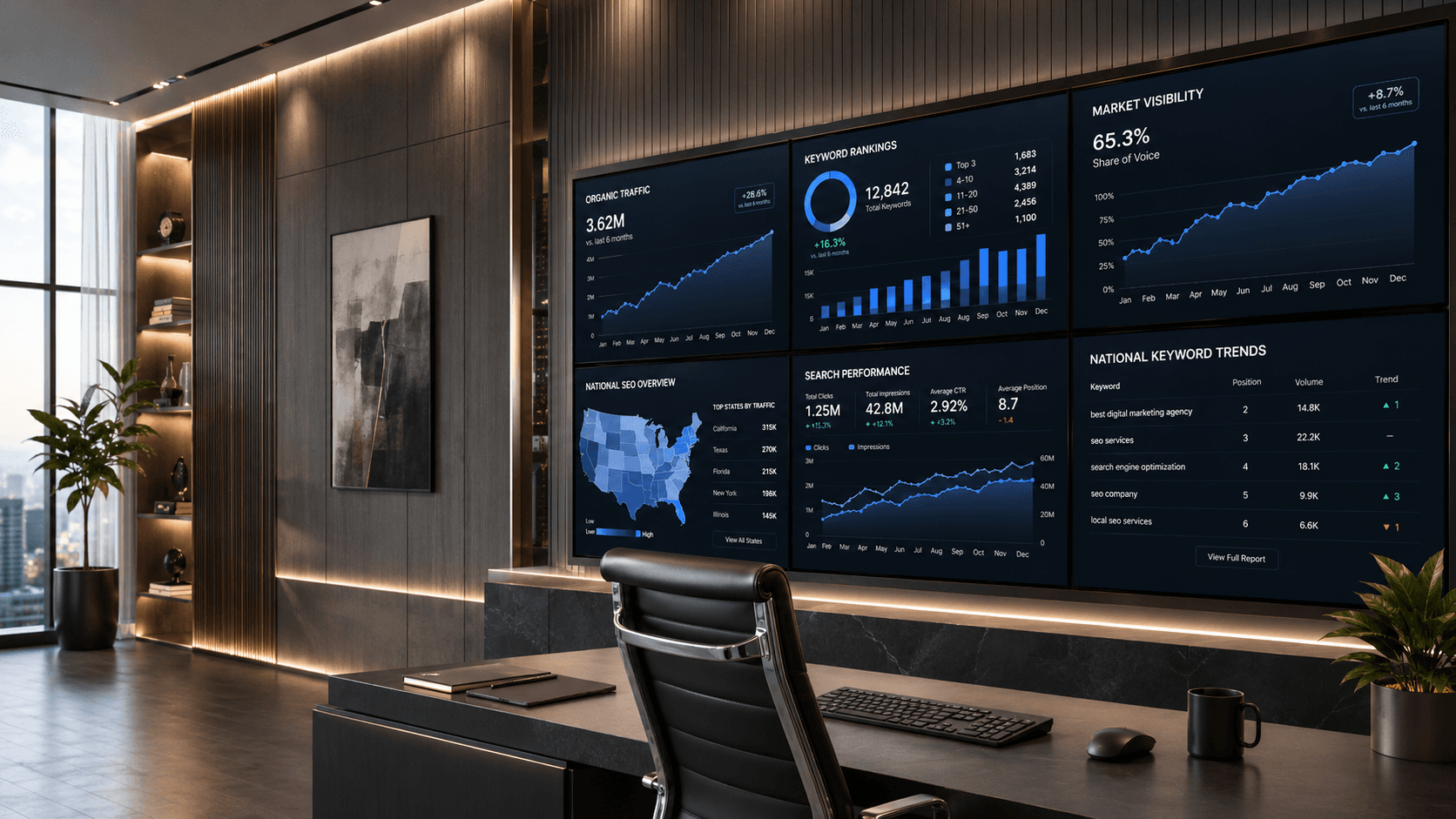 National SEO — multi-region performance dashboard
