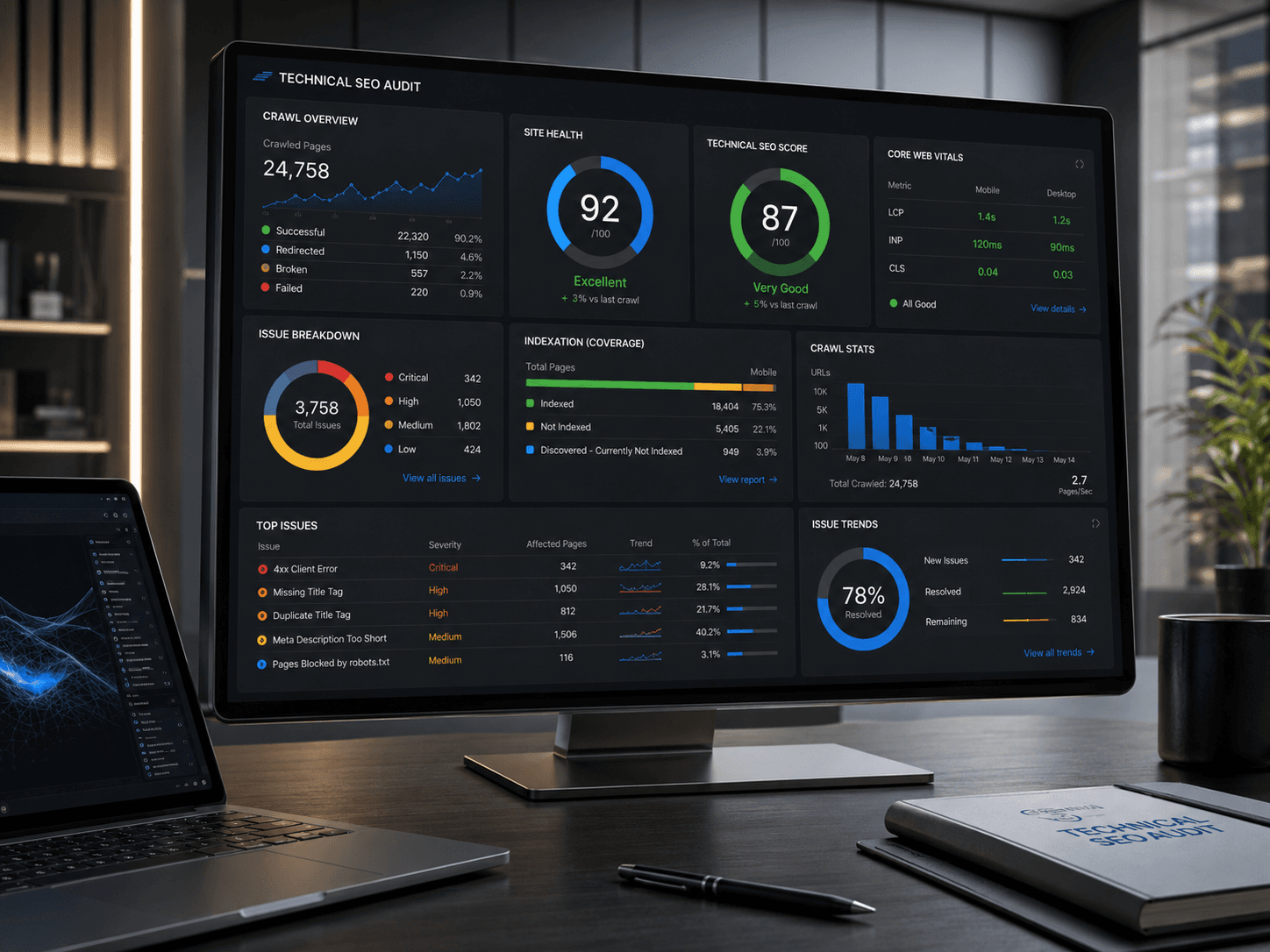 Technical SEO audit — diagnostic site health and crawl issues report