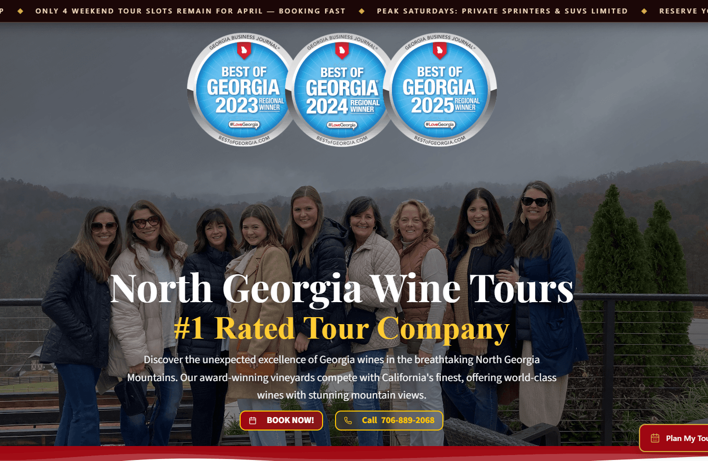 North Georgia Wine Tours custom software — main landing page with Best of Georgia awards