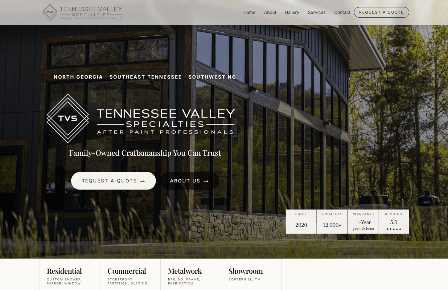 Tennessee Valley Specialties website hero — Family-Owned Craftsmanship You Can Trust