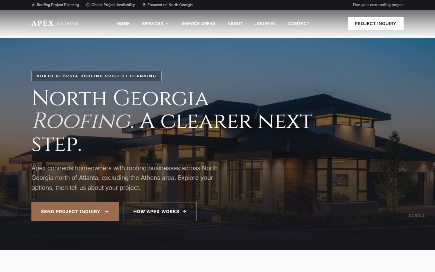 Apex Roofing homepage at a desktop viewport