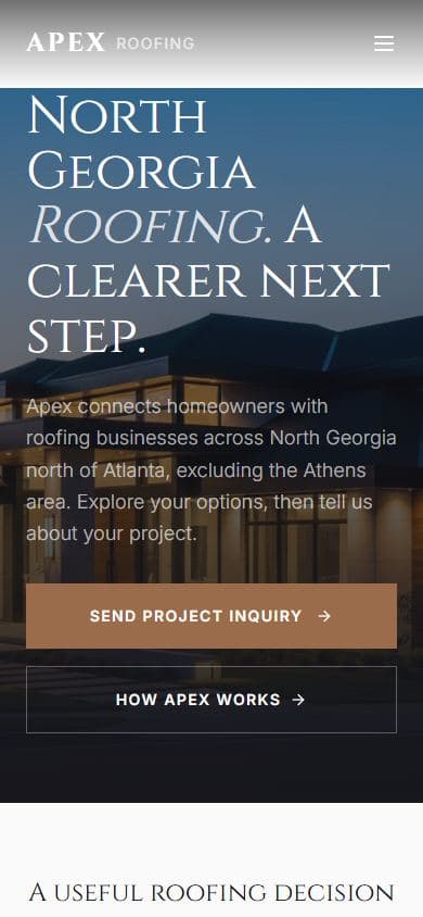 Apex Roofing homepage at a mobile viewport