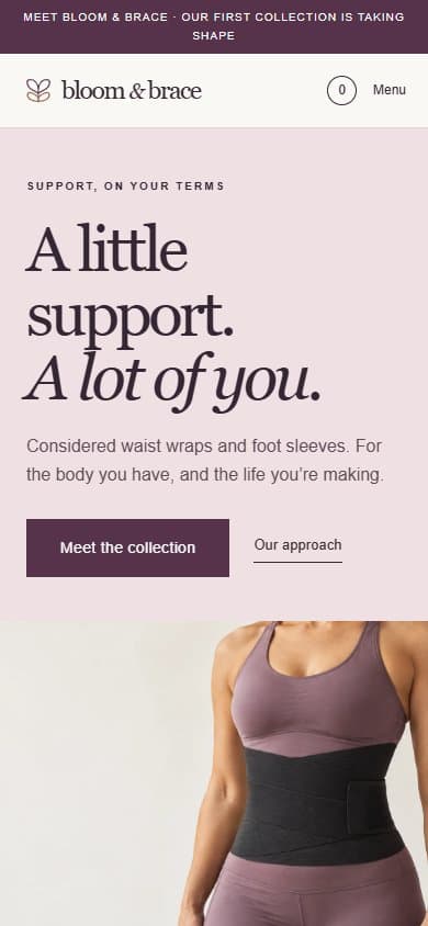 Bloom & Brace homepage at a mobile viewport