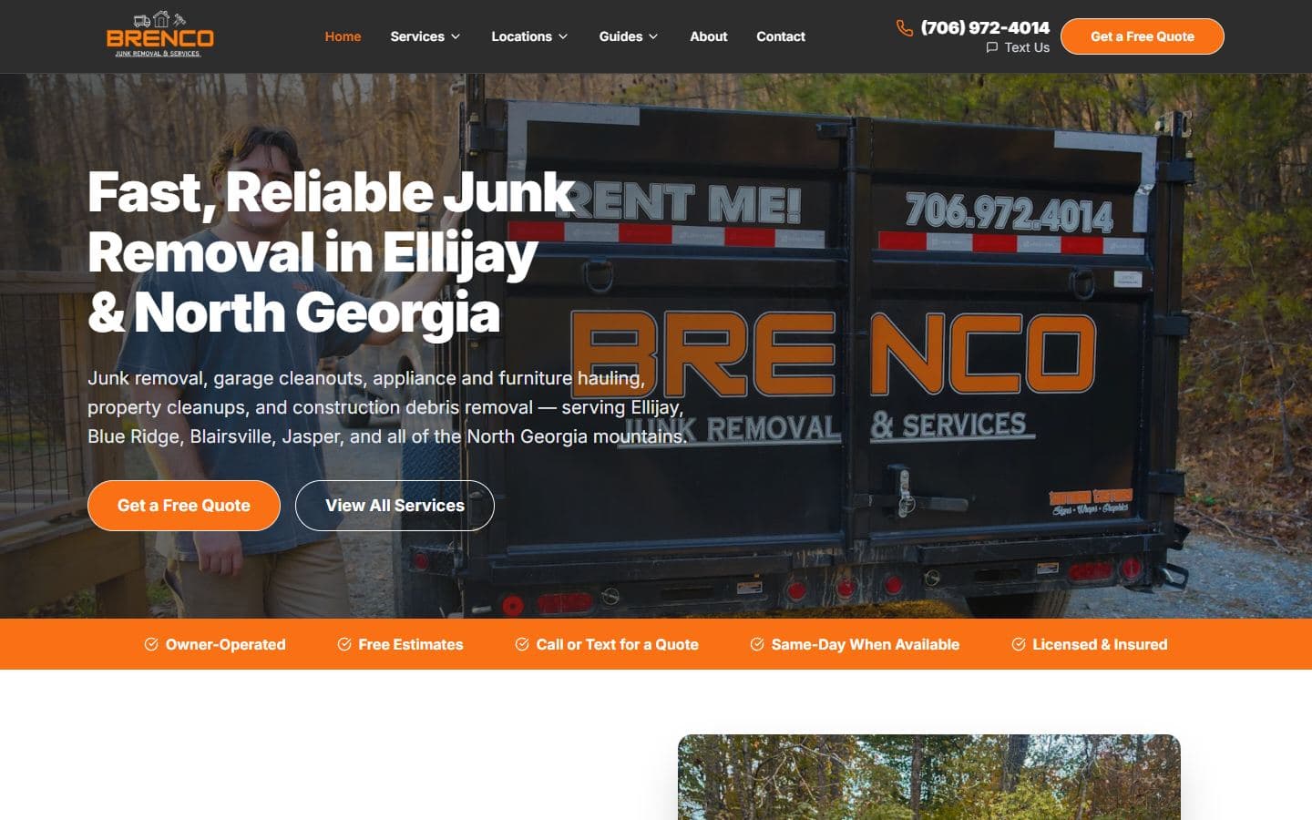 Brenco Junk Removal homepage at a desktop viewport
