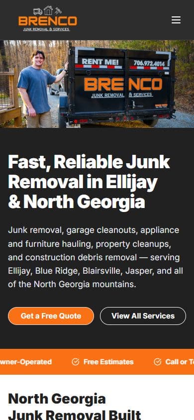 Brenco Junk Removal homepage at a mobile viewport