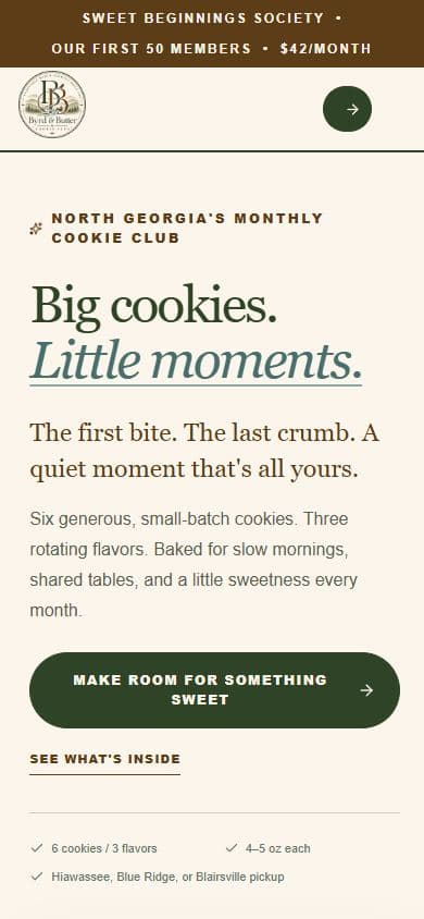 Byrd & Butter Cookie Club homepage at a mobile viewport