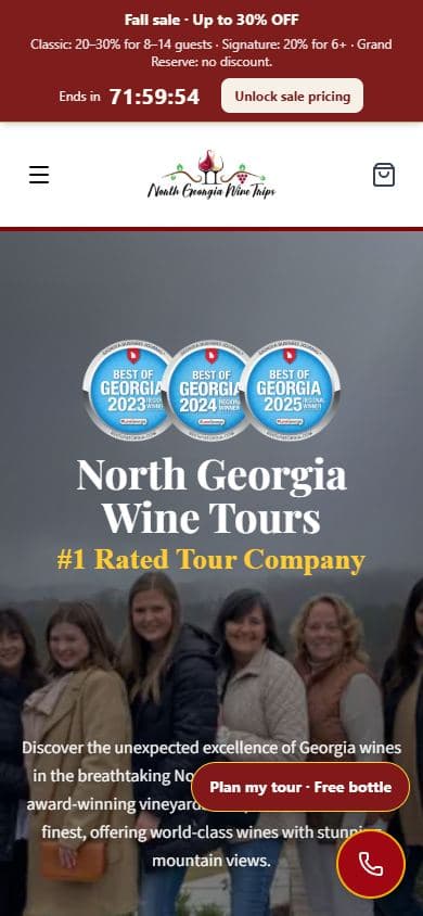North Georgia Wine Tours homepage at a mobile viewport