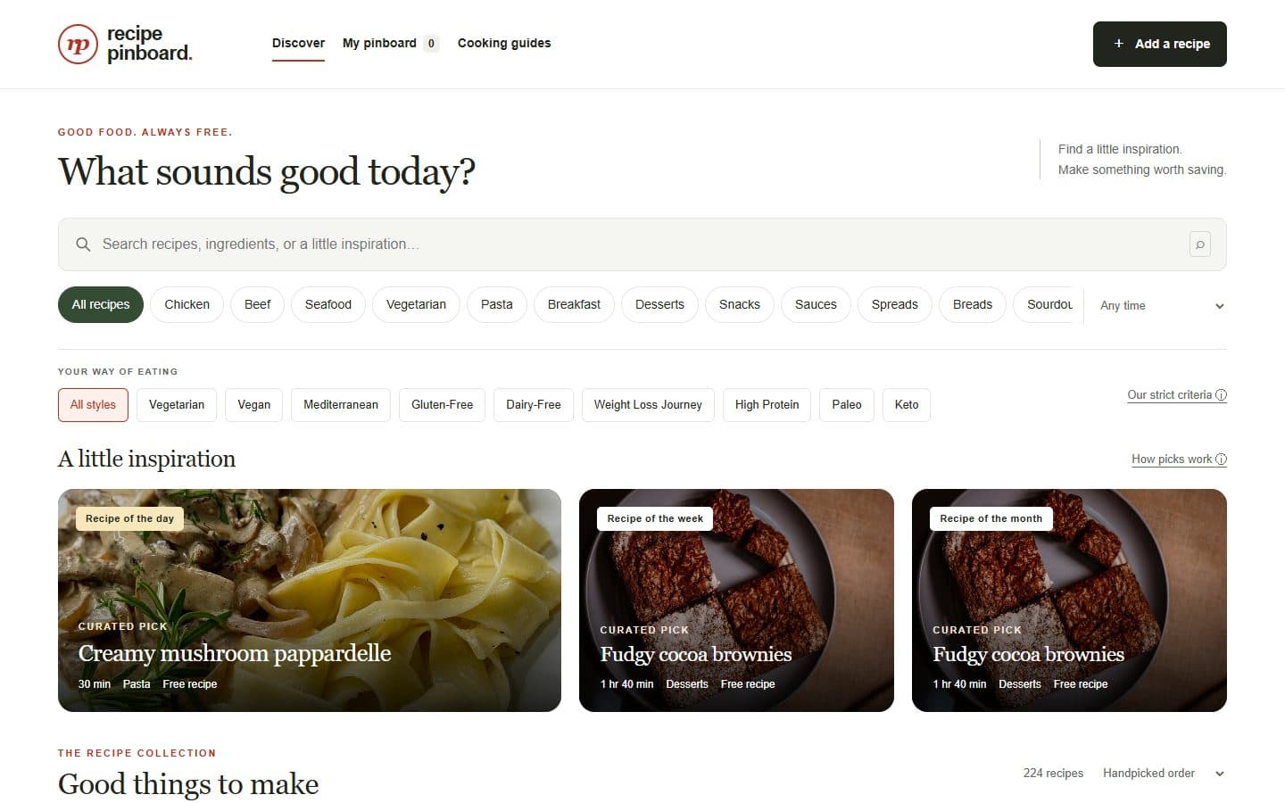 Recipe Pinboard homepage at a desktop viewport