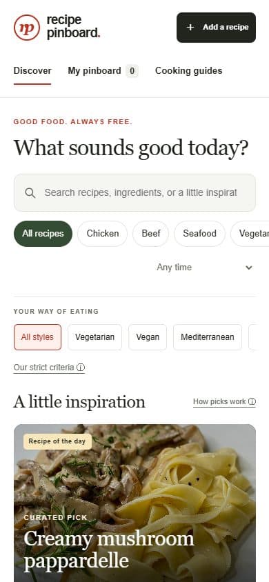 Recipe Pinboard homepage at a mobile viewport