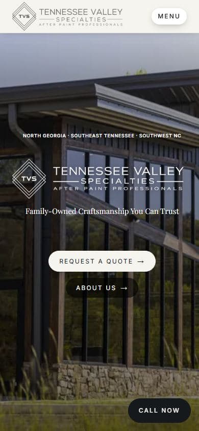 Tennessee Valley Specialties homepage at a mobile viewport