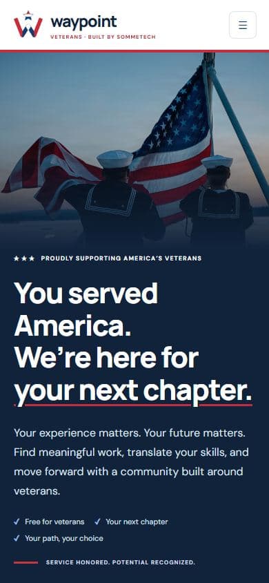 Waypoint Veterans homepage at a mobile viewport