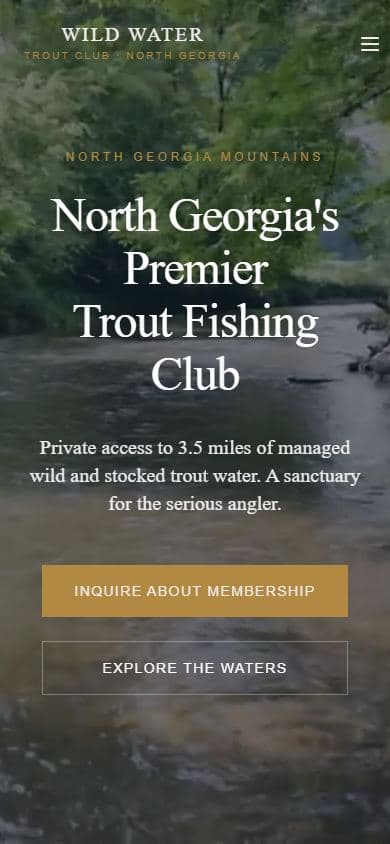 Wild Water Trout Club homepage at a mobile viewport