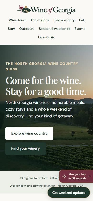 Wine of Georgia homepage at a mobile viewport