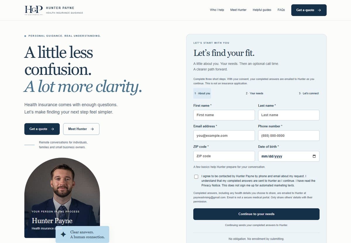 Hunter Payne / HGP Advising homepage at a desktop viewport