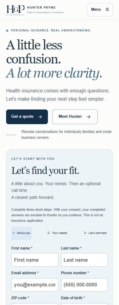 Hunter Payne / HGP Advising homepage at a mobile viewport