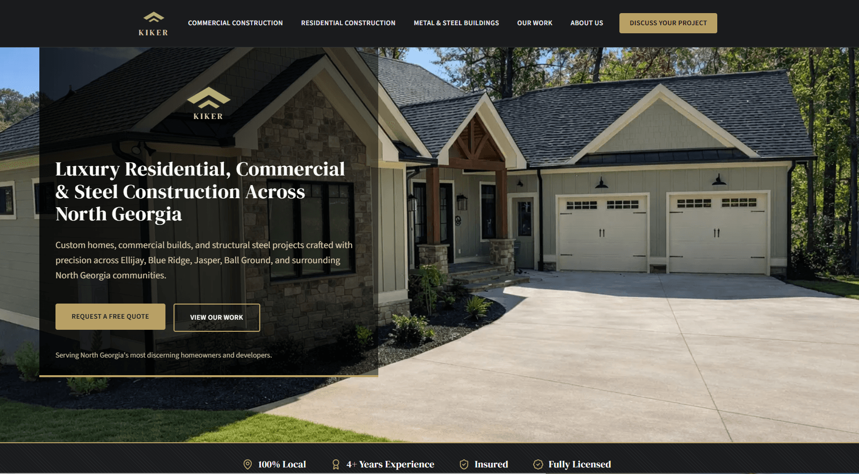 Kiker Construction website hero — Luxury residential, commercial & steel construction across North Georgia