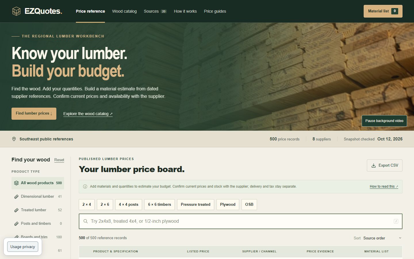 EZQuote Lumber homepage at a desktop viewport