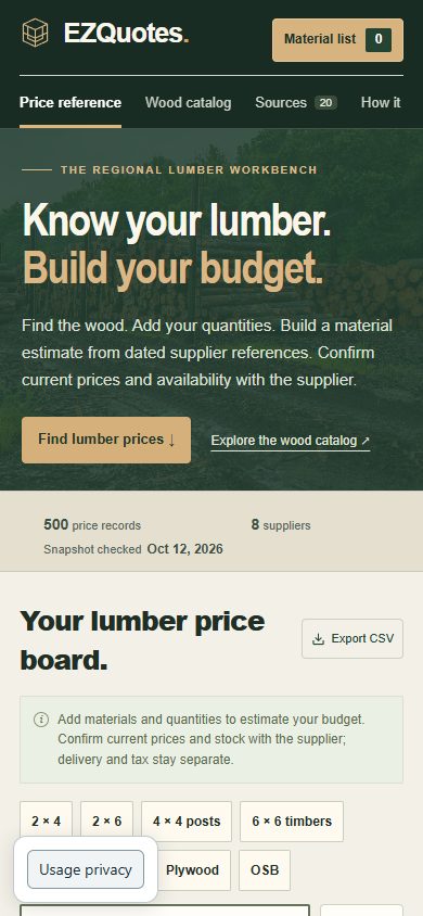 EZQuote Lumber homepage at a mobile viewport