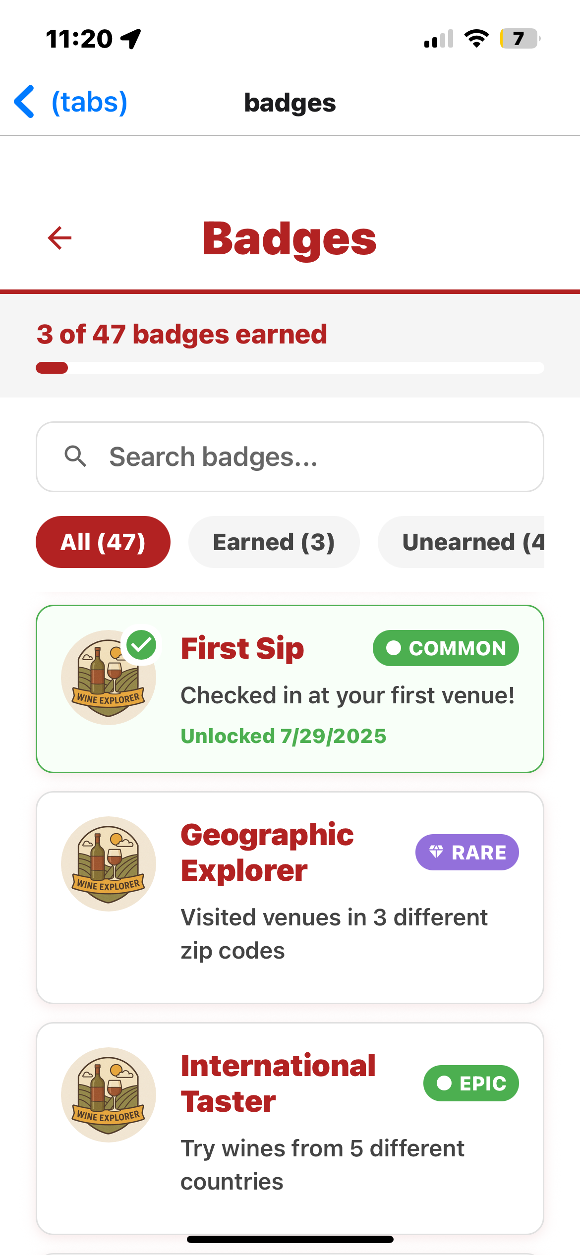 The Wine App badge collection screen