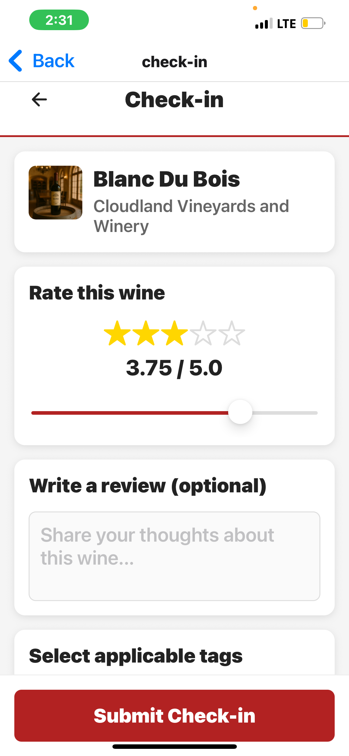 The Wine App check-in and rating screen