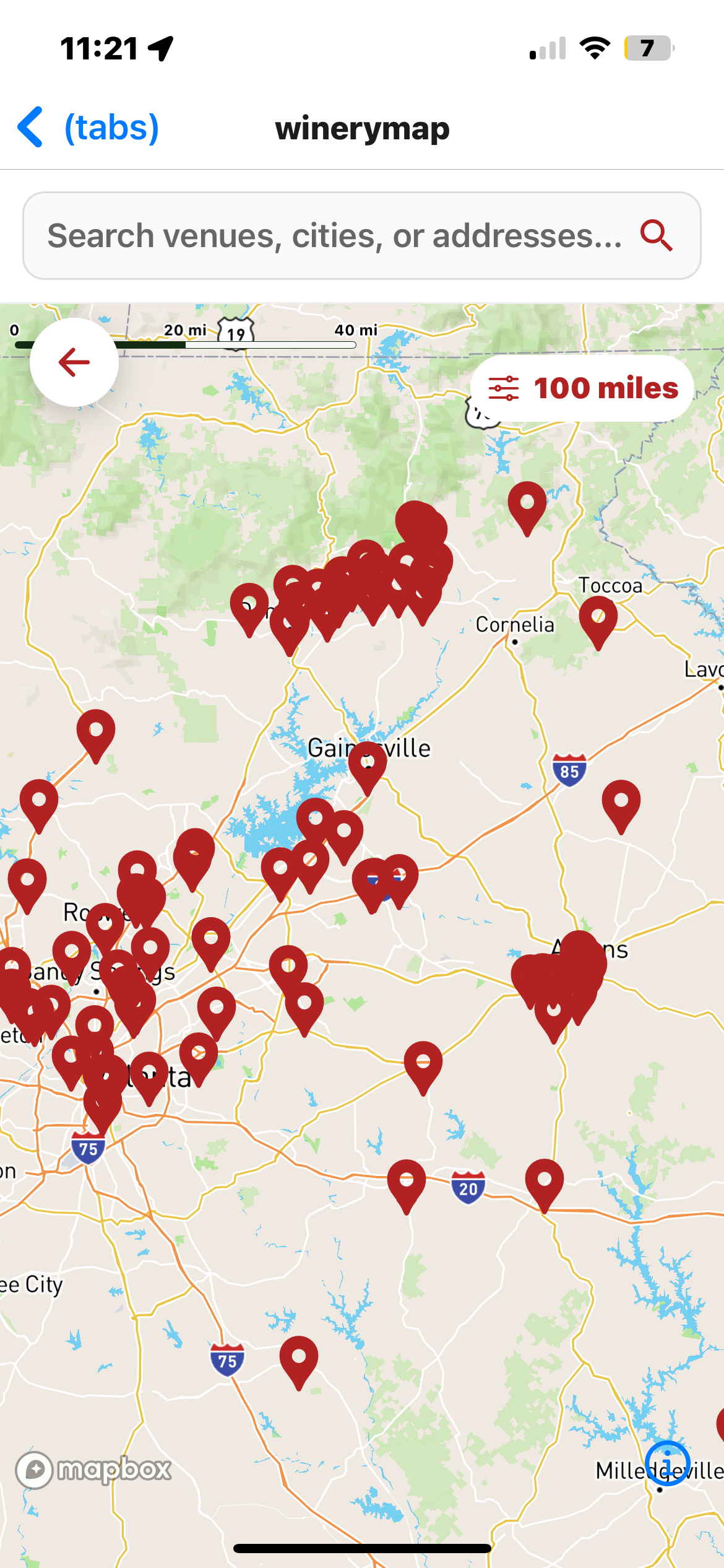 The Wine App map view showing nearby wineries
