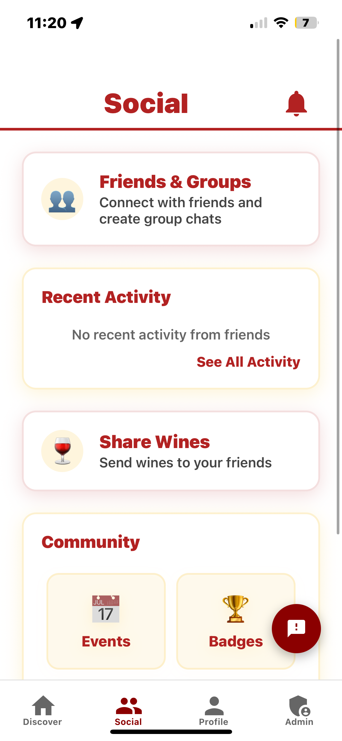 The Wine App social and friends screen