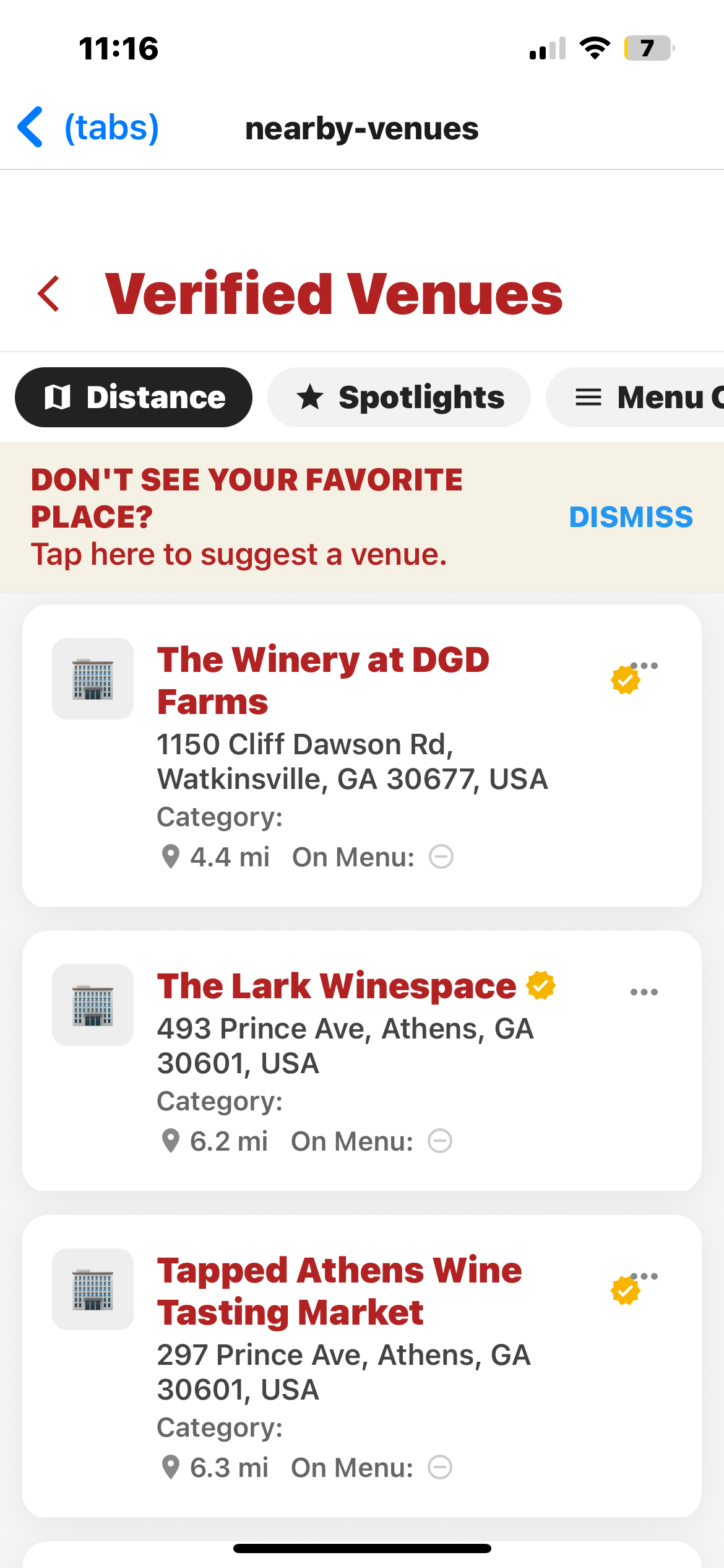 A verified venue page in The Wine App