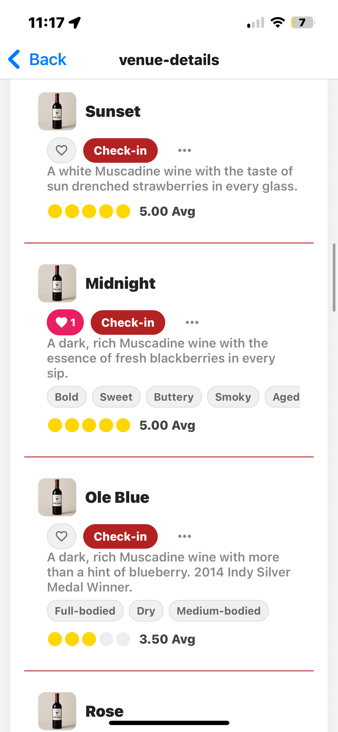 The Wine App wine-menu screen for a single venue